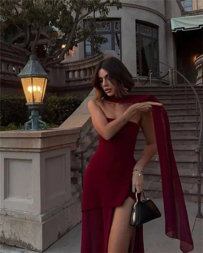 Mozision Elegant Strapless Sexy Maxi Dress For Women Gown With Scarf Off-shoulder Sleeveless Backless Split Beach Long Dress