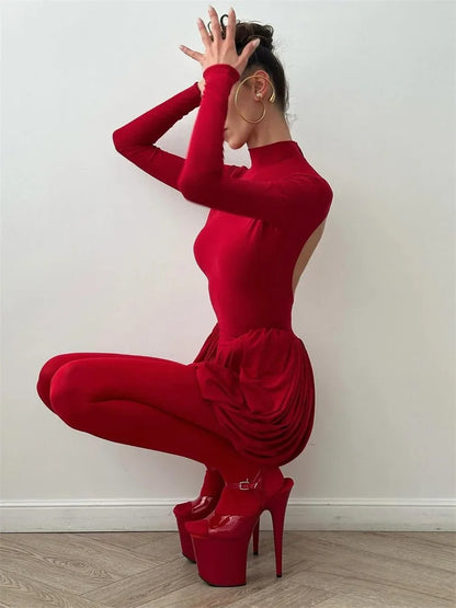 Tossy Backless Pleated Skinny Mini Dress Fashion Long Sleeve High Waist Patchwork Solid Elegant Party Dress Women Bandage Dress