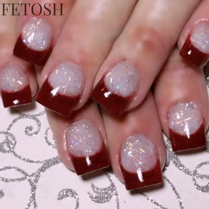 24Pcs Medium Short Square False Nails Glittering Nail Art White Wearable Fake Nail Silver French Full Cover Press on Nail Tips