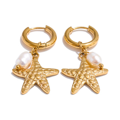 Yhpup Ocean Style Natural Pearl Conch Shell Starfish Drop Summer Hoop Earrings for Women Stainless Steel Holiday Daily Jewelry
