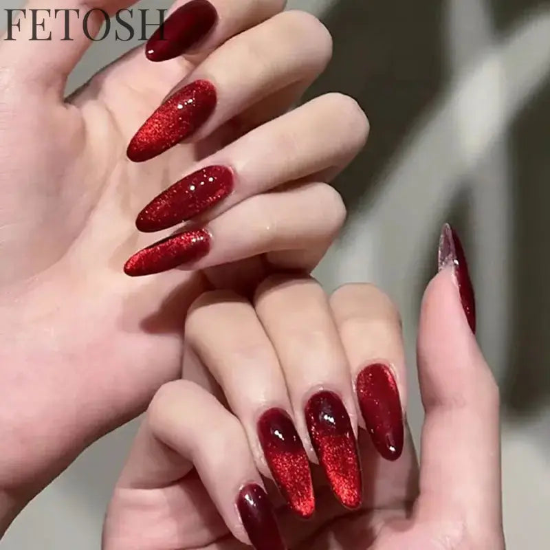 Sparkling Pink Blue Green Gem Cat Eye Nail Art Fashion Glossy Fake Nail Detachable Finished False Nails Press on Nails with Glue
