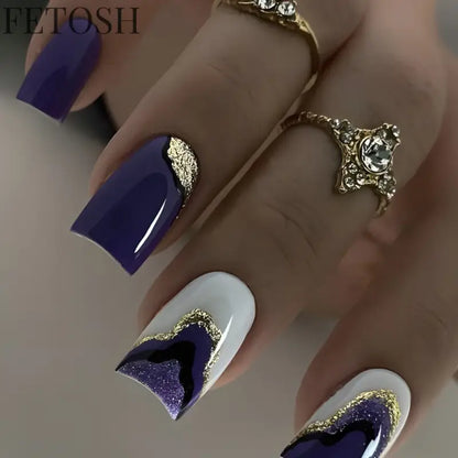 24Pcs Glossy Square Fake Nails Set Gold Powder Full Cover French False Nails Glitter Vintage Press on Acrylic Nail Manicure Tips