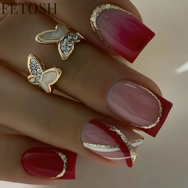 24Pcs Medium Short Square False Nails Glittering Nail Art White Wearable Fake Nail Silver French Full Cover Press on Nail Tips