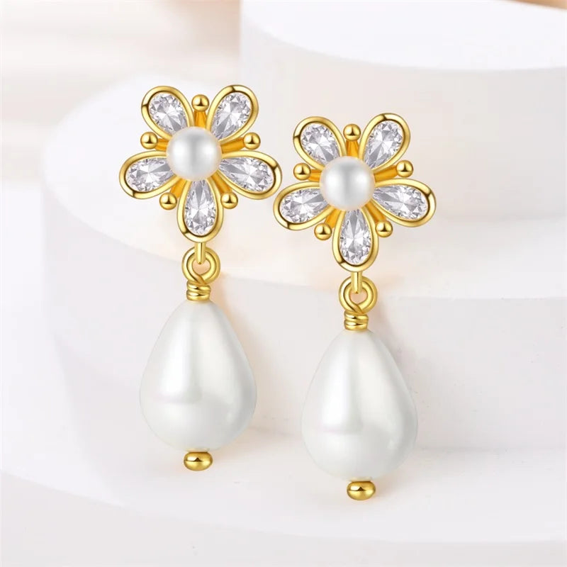 Women's 925 Sterling Silver Classic Gold Pearl Inlaid Earrings Elegant Suitable For Engagement Wedding Party Exquisite Jewelry