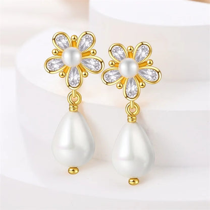 Women's 925 Sterling Silver Classic Gold Pearl Inlaid Earrings Elegant Suitable For Engagement Wedding Party Exquisite Jewelry