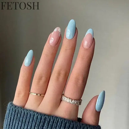 24Pcs Simple Green French False Nails Short Almond Fake Nails with Wave Line Design Wearable Round Head Press on Nail Tips