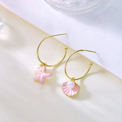 Ocean Series Conch Starfish Dangle Earrings for Women Summer Beach Asymmetrical Metal Enamel Earring Girls Party Jewelry Gift