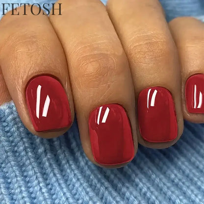 24pcs Crystal Cat Eye False Nails with Glue Short Square Press on Nails Shiny Red Jewel Nail Solid Color Fake Nails Minimalis