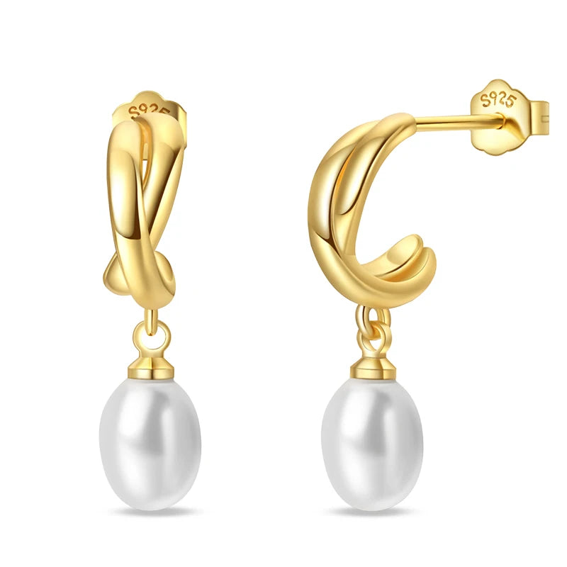 Women's 925 Sterling Silver Classic Gold Pearl Inlaid Earrings Elegant Suitable For Engagement Wedding Party Exquisite Jewelry