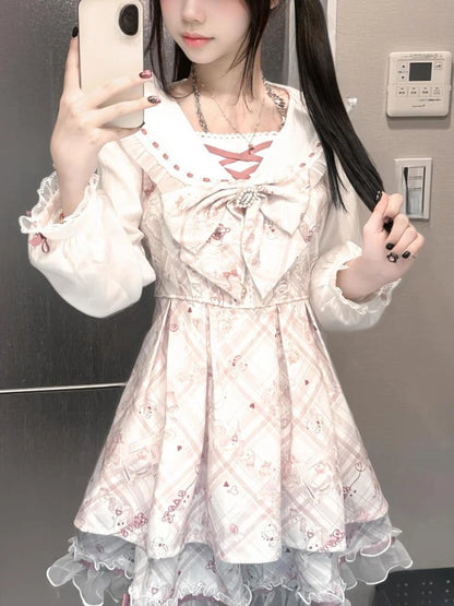 2025 Japanese Sweet Lolita Kawaii Dress Women Spring Printed Bow Fake Two Piece Dress Female Korea Style Design Party Clothing