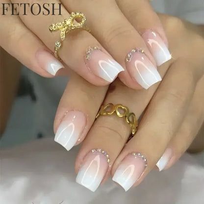 Glossy Press on Nails Set Short Oval Shiny Gradient French Nail Art Design Reusable Full Cover Fake Nails with Glue for Girls