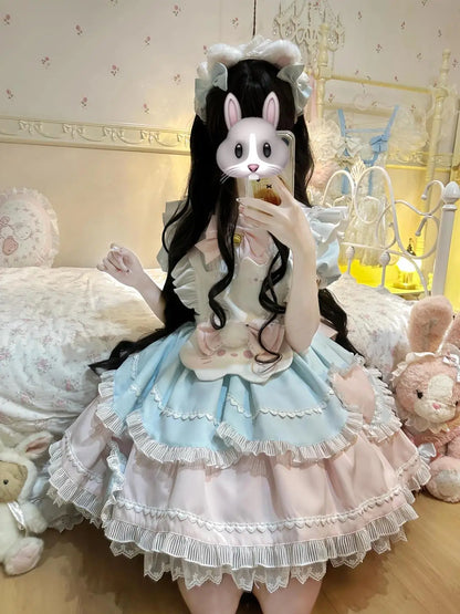 2025 Japanese Sweet Lolita Kawaii Dress Women Spring Printed Bow Fake Two Piece Dress Female Korea Style Design Party Clothing