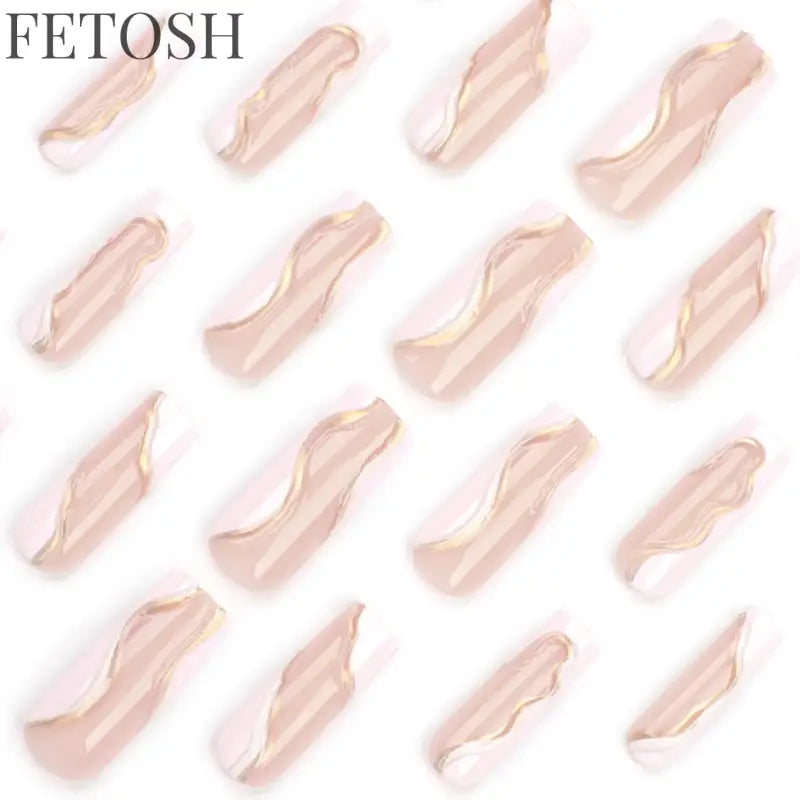 24Pcs 3D Long Ballet False Nails White Coffin Wave with French Design Wearable Fake Nails Gold Line Full Cover Press on Nails
