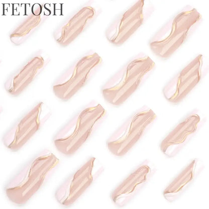 24Pcs 3D Long Ballet False Nails White Coffin Wave with French Design Wearable Fake Nails Gold Line Full Cover Press on Nails