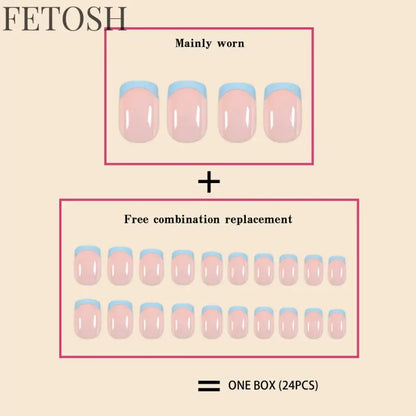 24Pcs/Set Women Girls Short French Light Blue Pink Dual Color Glossy Surface Full Coverage Wearable Fake Nail Press on Nail Art