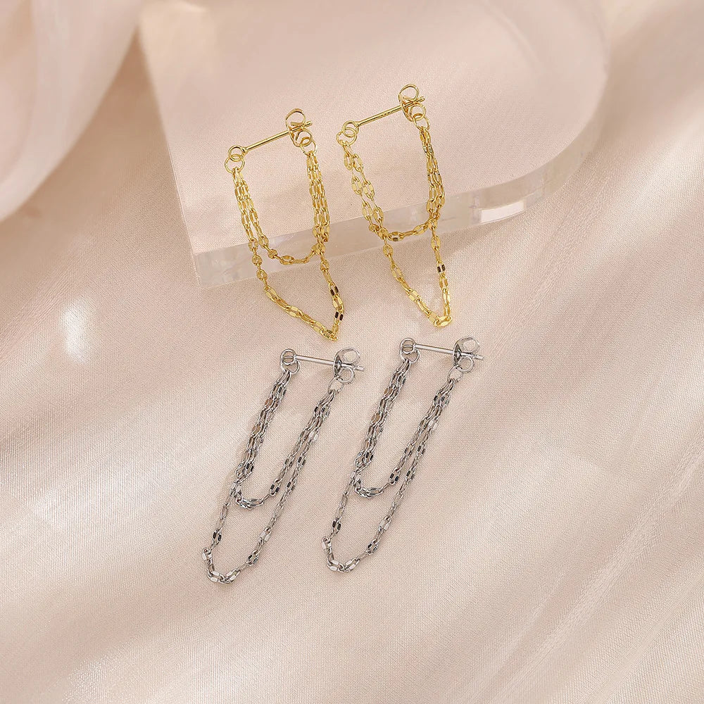 VOQ Silver Color Lip O Chain Tassel Earrings Women's Rear Hanging Double Chain Earrings Summer Beach Party Jewelry