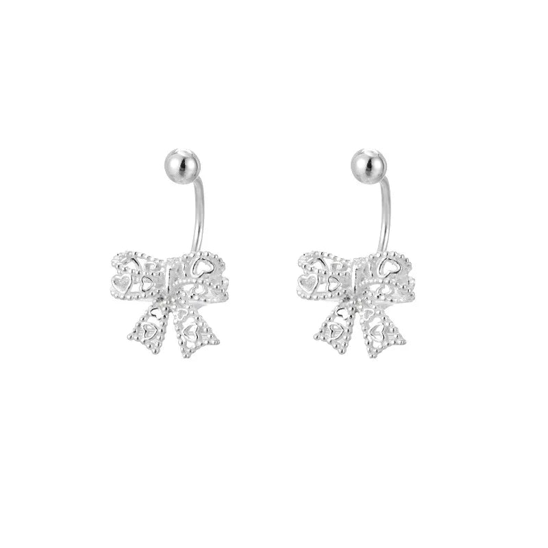 Real 925 Sterling Silver Lace Heart Hollow Bow Screw Buckle Puncture Stud Earrings for Women Fine Jewelry Minimalist Accessories