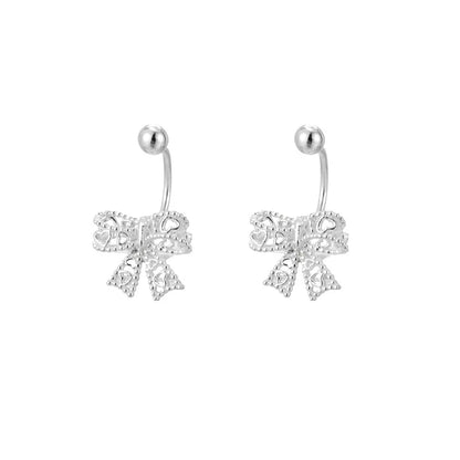 Real 925 Sterling Silver Lace Heart Hollow Bow Screw Buckle Puncture Stud Earrings for Women Fine Jewelry Minimalist Accessories