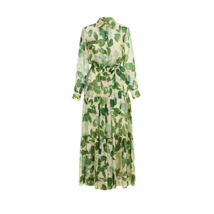 CHCH 2025 Dresses Women's New Belted Chiffon Print V-neck Chic Slim Long Dress Fashion Elegant Holiday Street Women's Dress