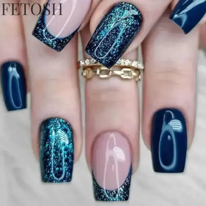24Pcs Medium Short Square False Nails Glittering Nail Art White Wearable Fake Nail Silver French Full Cover Press on Nail Tips