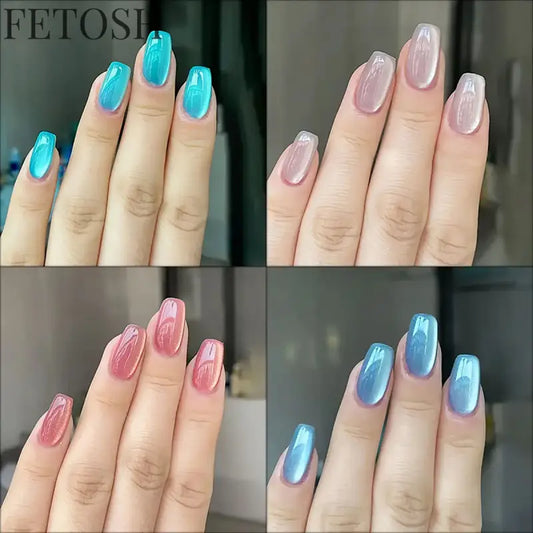 24pcs/30pcs short square ballet fake nails for women cat eyes glitter green blue purple pink shinny nail tips press on nail art