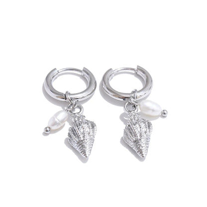 Yhpup Ocean Style Natural Pearl Conch Shell Starfish Drop Summer Hoop Earrings for Women Stainless Steel Holiday Daily Jewelry