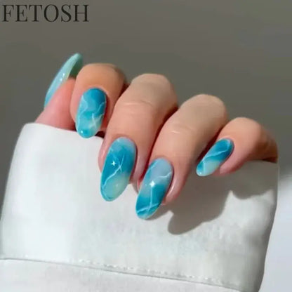 24Pcs Simple Green French False Nails Short Almond Fake Nails with Wave Line Design Wearable Round Head Press on Nail Tips