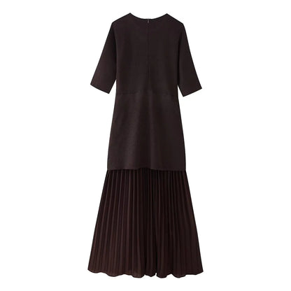 TRAFZA Women Elegant Half Sleeves O-Collar Pleated Dress Spring Woman Rear Zipper Splicing Vintage Casual Knitted Long Dress