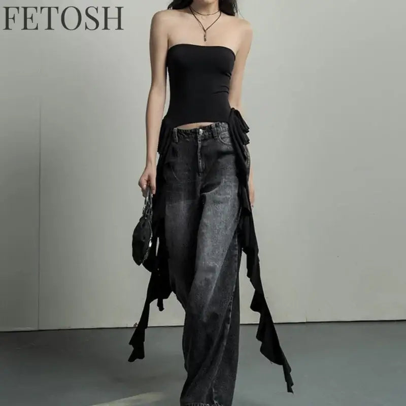 Y2k Tank Tops Asymmetrical Fringed Ruffle Top Streetwear Black Strapless Womans Summer Clothes Tank Top Women 2025
