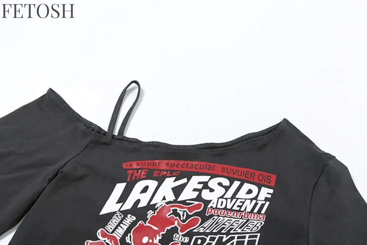 Gothic Tee Y2k Letter Print Off Shoulder Punk T-shirts Women Harajuku Summer Streetwear Grunge T Shirt Aesthetic Sexy