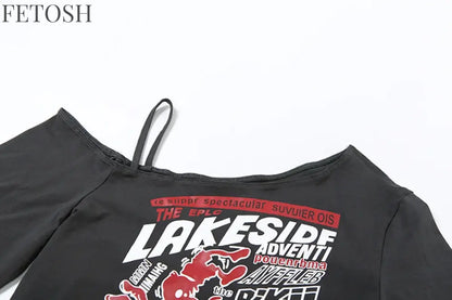 Gothic Tee Y2k Letter Print Off Shoulder Punk T-shirts Women Harajuku Summer Streetwear Grunge T Shirt Aesthetic Sexy Crop Tops