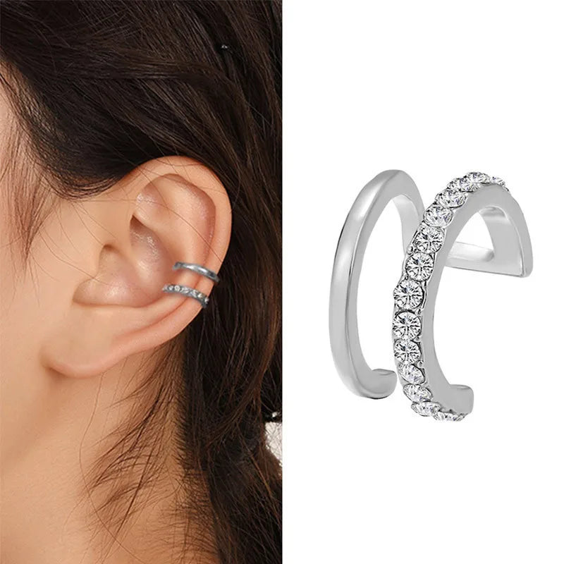 Fashion Zircon Double-layer Ear Cuff No Piercing Earring 2024 Trendy Punk Unique Metal Geometric Ear Clip for Women Jewelry