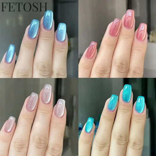 Sparkling Pink Blue Green Gem Cat Eye Nail Art Fashion Glossy Fake Nail Detachable Finished False Nails Press on Nails with Glue