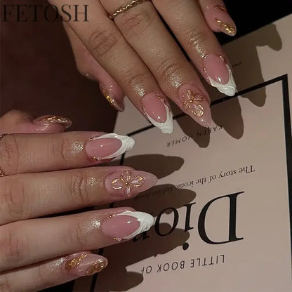 24pcs/Box Long Coffin False Nails Art Rose with Glue Wearable Nude Pink White Color Jelly Nails Tips Full Cover Press on Nails