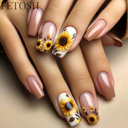 24Pcs Sweet Countryside Flowers False Nails Coffin with Jelly Glue Simple Flower Butterfly French Short Removable Wearable Nails