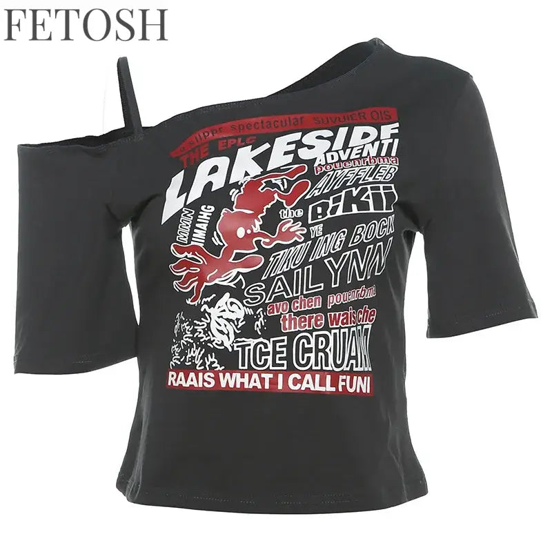 Gothic Tee Y2k Letter Print Off Shoulder Punk T-shirts Women Harajuku Summer Streetwear Grunge T Shirt Aesthetic Sexy