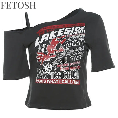 Gothic Tee Y2k Letter Print Off Shoulder Punk T-shirts Women Harajuku Summer Streetwear Grunge T Shirt Aesthetic Sexy Crop Tops