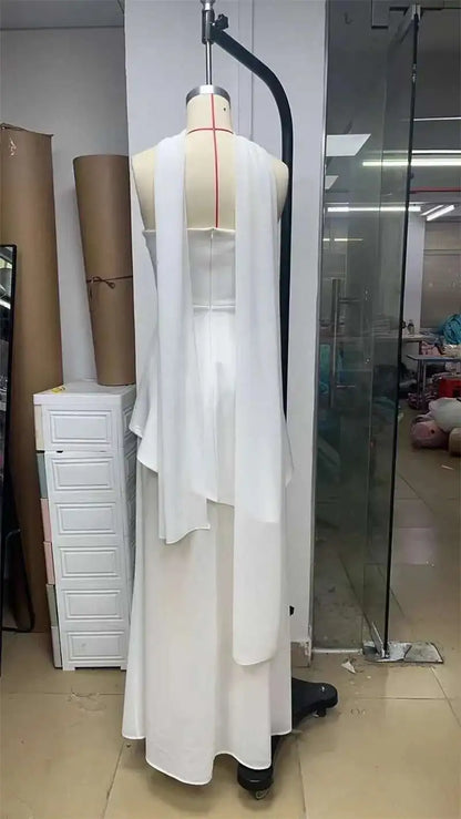 Mozision Elegant Strapless Sexy Maxi Dress For Women Gown With Scarf Off-shoulder Sleeveless Backless Split Beach Long Dress