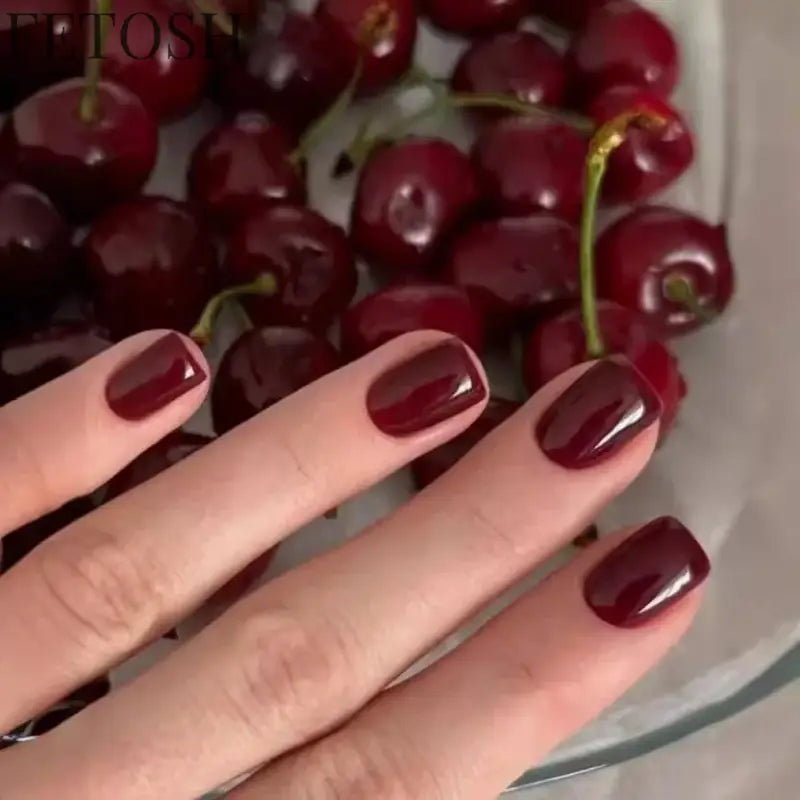 24Pcs Solid Color Wine Red Design Press on Nail Short Square False Nails Simple Detachable Finished Full Cover Nail Tips