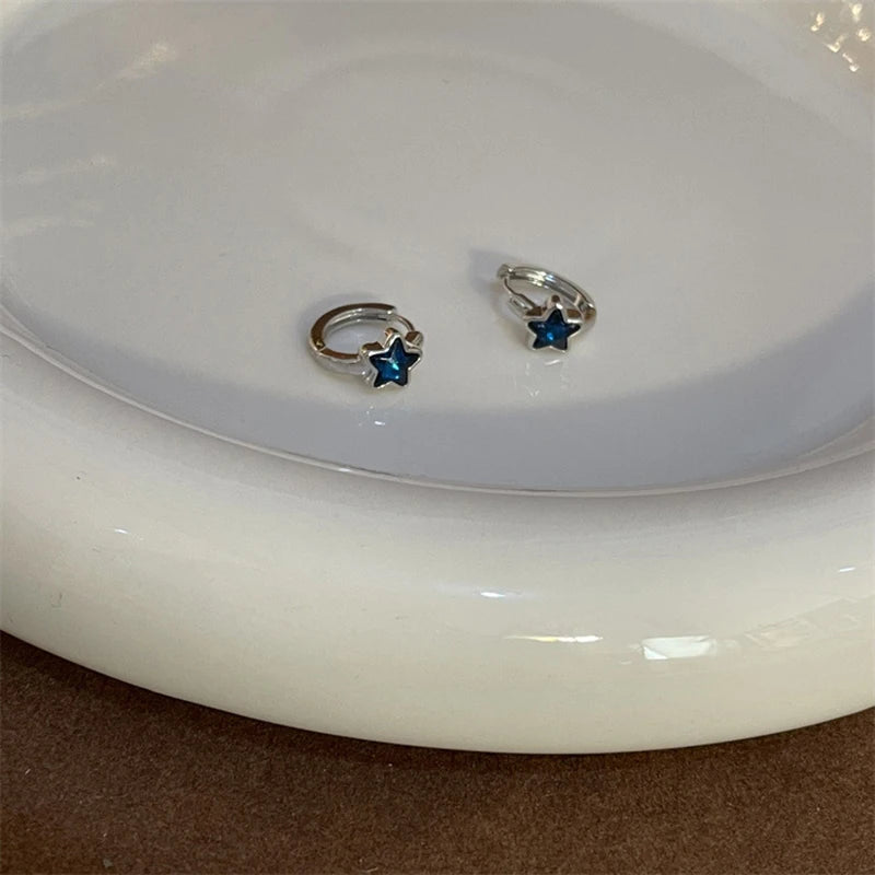 Y2K Trendy Cute Sweet Blue Star Hoop Earrings For Women Girls Simple New Fashion Vintage Earrings Aesthetic Jewelry Gift