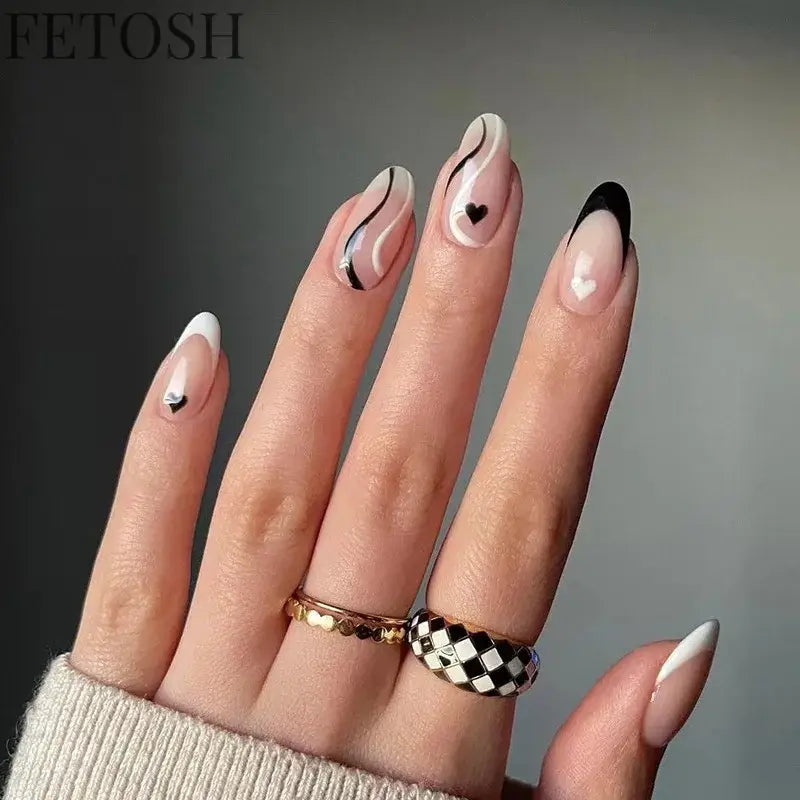 24Pcs Simple Green French False Nails Short Almond Fake Nails with Wave Line Design Wearable Round Head Press on Nail