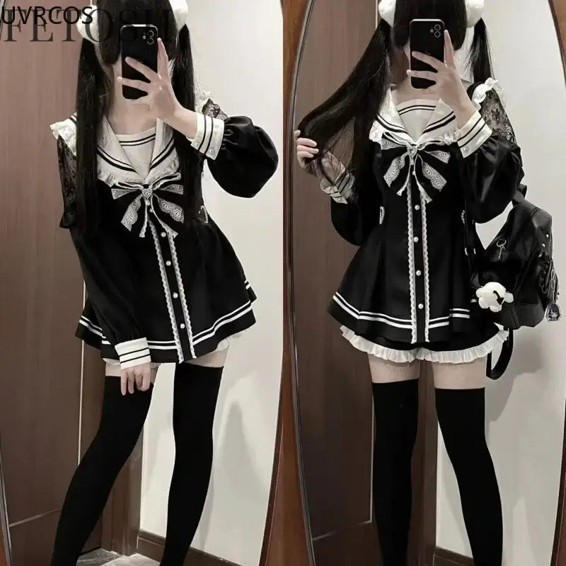 Japanese Style Gothic Y2k Lolita Bow Dress Shorts Set Women Vintage Sweet Long Sleeve Button Shirt Party Dresses Slim