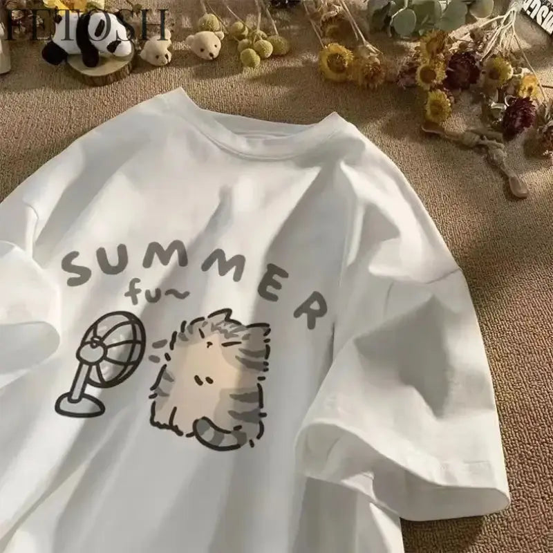 Fan Cat and Women Pure T-shirt for Men American Street Creative Blow Summer Relaxed Short Sleeve Couple Wear INS Top
