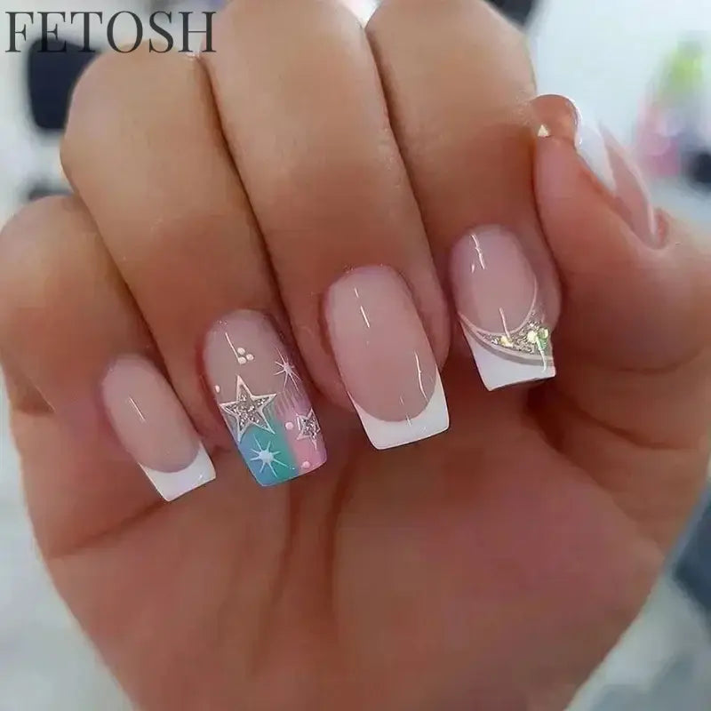 24Pcs Simple Square False Nails Short French Fake Nails Press on Colorful Flowers Design Full Cover Nail Tips Manicure Tools