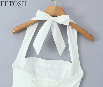 FSMG Sexy Solid Sleeveless Backless Halter Short Skirt Fashion Bow High Waist Slim A-line Dresses Summer Evening Party Vestidos