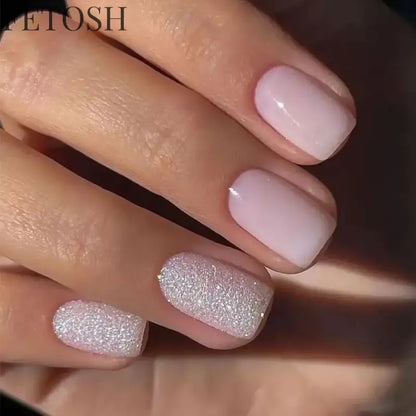 Glossy Press on Nails Set Short Oval Shiny Gradient French Nail Art Design Reusable Full Cover Fake Nails with Glue for Girls