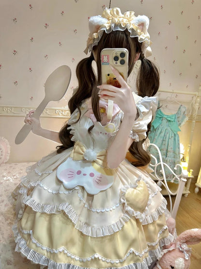 2025 Japanese Sweet Lolita Kawaii Dress Women Spring Printed Bow Fake Two Piece Dress Female Korea Style Design Party Clothing
