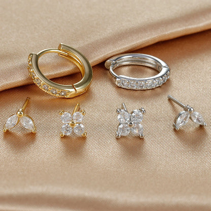 3PCS Stainless Steel Gold Color Circle Hoop Earrings Set for Women Simple Zircon Flower Stud Earring Cartilage Piercing Jewelry