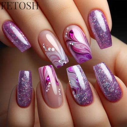 24Pcs Dark Blue Glossy Press on Nails Square False Nail with Glue Color Blending Acrylic Fake Nails Wearable Full Cover Nail Tip