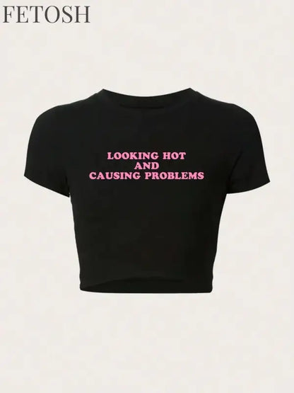 Women Crop T-shirts I'm Literally Just A Girl Letter Printed Tees Shirts O-Neck Tight Cotton Clothes Fashion Street Female Tops